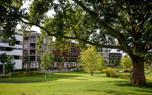 Heilbronn, Germany - August 12, 2019. Ambient space and modern homes during the Federal Garden Show 2019 BUGA Heilbronn